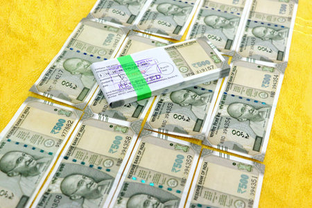 A closup of fanned out spread out Indian Rupees currency paper notes