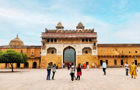 Jaipur, Rajasthan, India, 29 October 2025: Tourists visiting the main entrance gate of Amber Fort...