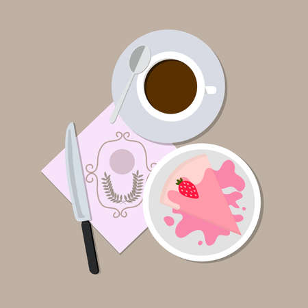 set coffee and cake with knife spoon on brown tableのイラスト素材