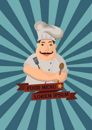 Chef charater holding flipper and ladle decorated menu or Poster restaurantのイラスト素材