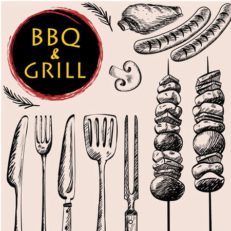BBQ barbecue grill meat food  menu restaurant  have  barbecue sausage rib grilled and vegetable and kitchenware drawing design ,vector illustrationのイラスト素材