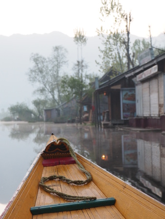 Morning cruis in Dal Lake with background houseboats ,Srinagar,Kashmir,Indiaの写真素材