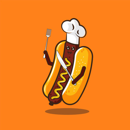 hotdog character design chef master holding fork and knife illustration cartoon mascotのイラスト素材