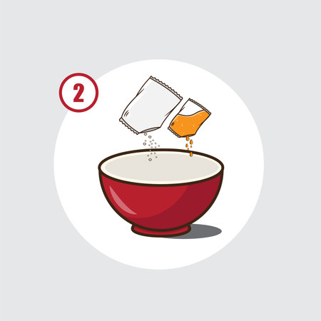 Illustration of pour spices and oil into a bowl , step how to cooking instant noodleのイラスト素材
