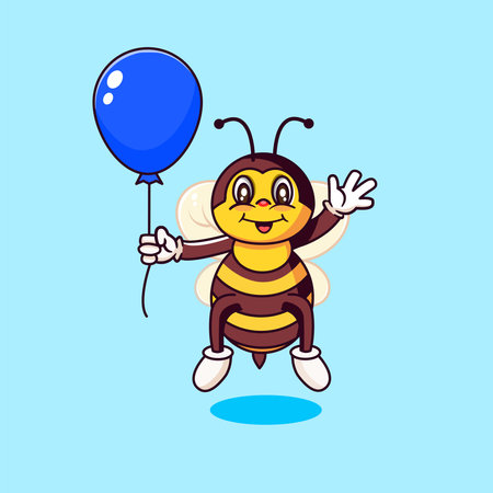 Cute Happy Bee with Balloon Illustration, Cartoon Design Vectorのイラスト素材