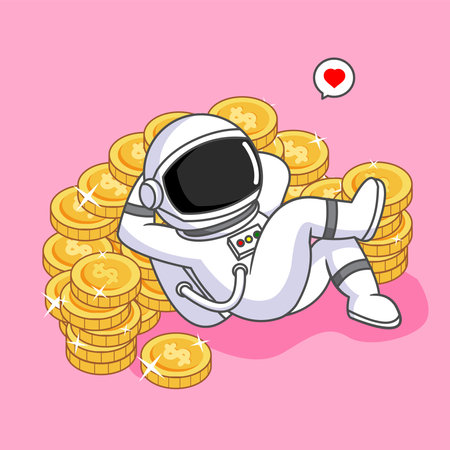 Rich Astronaut Relaxing on a Pile of Gold Coins Vector Illustration Cartoon Designのイラスト素材