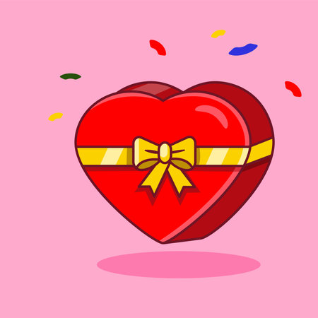 Heart-Shaped Gift Box with Gold Bow for Valentine's Day Vector Illustration Cartoon Designのイラスト素材