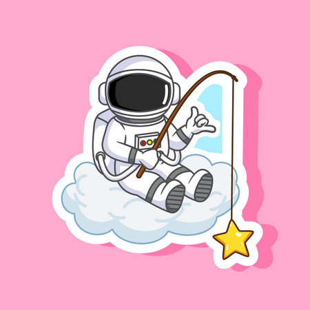 Sticker of Astronaut Fishing for a Star on a Cloud Vector Illustration Cartoon Designのイラスト素材