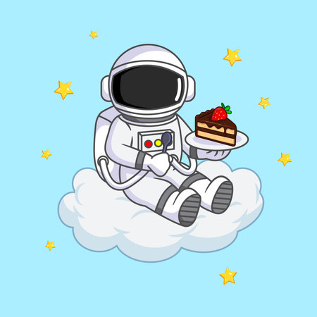 Cute Astronaut in Space Enjoying Cake on a Cloud Vector Illustration Cartoon Designのイラスト素材