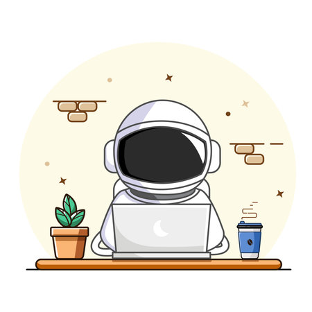 Cute Astronaut Working From Home on Laptop with Coffee and Plant Vector Illustration Flat Designのイラスト素材