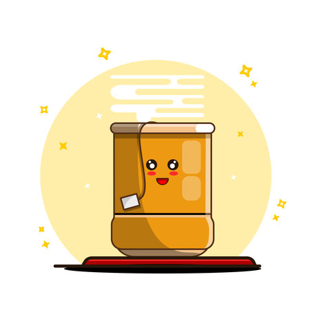 Cute Tea Cup Cartoon with Happy Face and Steam Kawaii Vector Illustration Flat Designのイラスト素材