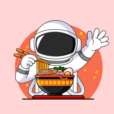 Cute Astronaut Enjoying Ramen in Space Vector Illustration Cartoon Designのイラスト素材