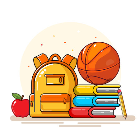 Back to School Supplies Backpack, Books, Apple, Basketball, and Pencil Vector Flat Designのイラスト素材