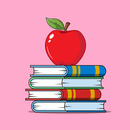 An Apple on Book Stack Vector Illustration Flat Design Isolatedのイラスト素材