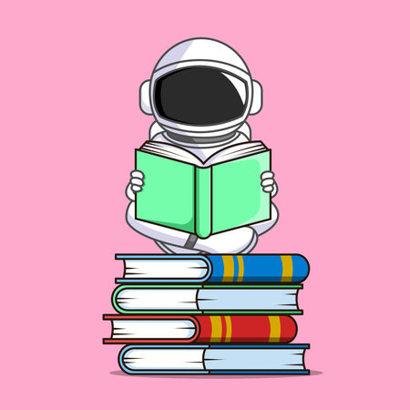 Astronaut Reading on Books Educational Concept Illustration Vector Cartoon Designのイラスト素材