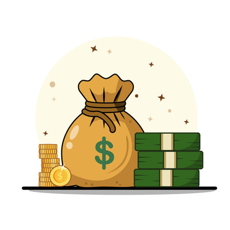 Money Bag with Coins and Stack Of Dollars Vector Illustration Isolated Designのイラスト素材