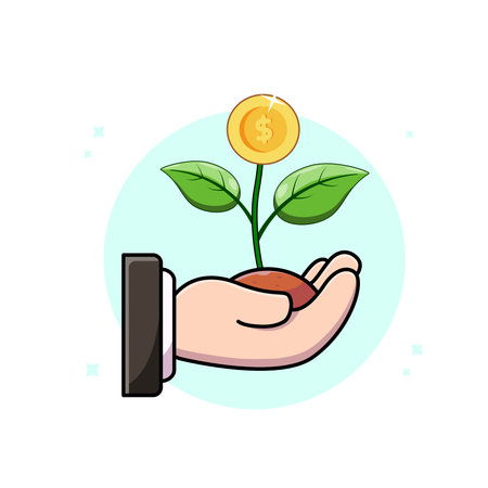 Investment Growth Hand Holding a Sprouting Money Plant Vector Illustration Cartoon Designのイラスト素材