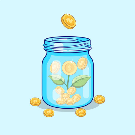 Money Jar with Coins and Growing Plant Vector Illustration Cartoon Designのイラスト素材