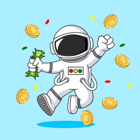Cute Astronaut Celebrating Success with Money and Gold Coins Vector Illustration Cartoon Designのイラスト素材