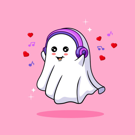 Cute Ghost Listening to Music with Headphones Vector Illustration Halloween Themeのイラスト素材