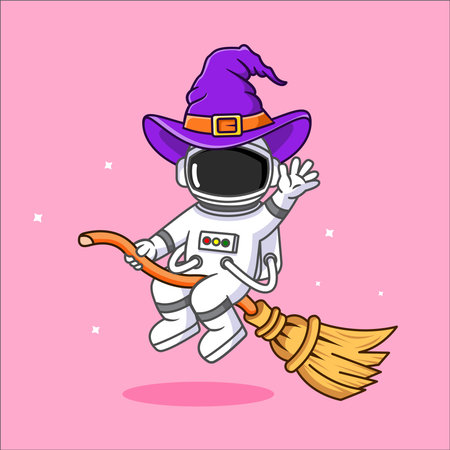 Cute Astronaut Witch Riding Broom Halloween Cartoon Vector Illustrationのイラスト素材