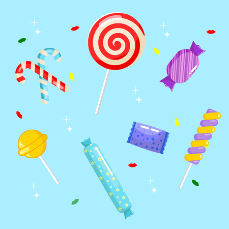 Set Of Collection Colorful Wrap Candy and Stick Candy Vector Illustration Cartoon Designのイラスト素材