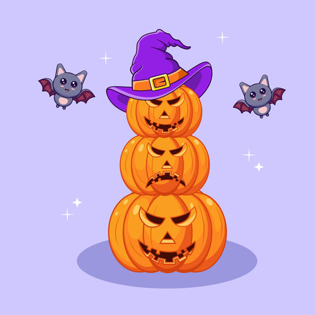 Spooky Halloween Pumpkin Tower with Bats and Witch Hat, Stack Pumpkins Vector Illustration Cartoonのイラスト素材