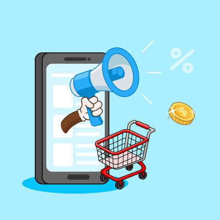 Online Shopping Promotion Megaphone and Shopping Cart on Mobile Phone Vector Illustration Cartoonのイラスト素材
