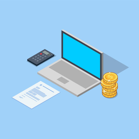 Isometric Laptop Calculator Coins and Invoice, Financial Planning Vector Illustration Flat Designのイラスト素材