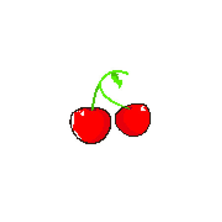 Pixelated Red Cherries with Green Stems Pixel Art Vector Illustration Isolated Designのイラスト素材