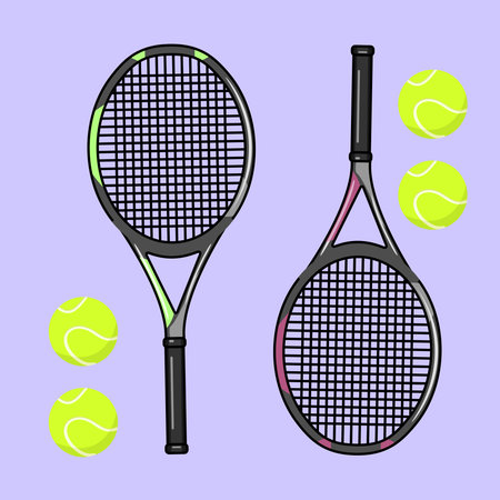 Tennis Rackets and Balls Illustration on Light Purple Vector Illustration Cartoon Designのイラスト素材