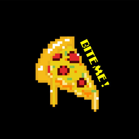 Pixel Art Pizza Slice with Bite Me Text Vector Illustration Cartoon Designのイラスト素材