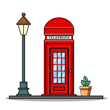 Iconic Red Telephone Booth and Street Lamp in Street Vector Illustration Cartoon Flat Designのイラスト素材