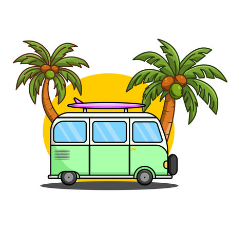 Retro Surf Van on a Tropical Beach with Coconut Trees Vector Illustration Cartoon Designのイラスト素材