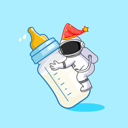 Cute Astronaut Wearing a Nightcap Sleeping Peacefully on a baby milk bottle Vector Illustration Cartoon Designのイラスト素材