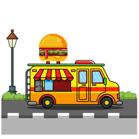 Cartoon Food Truck Icon with Giant Burger on Roof Vector Illustration Isolated Designのイラスト素材