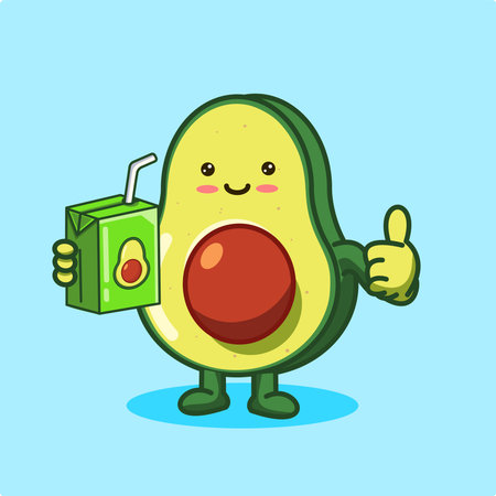 Cute Avocado Character Holding Juice Box and Giving Thumbs Up Kawaiiのイラスト素材
