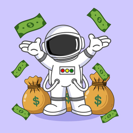 Cute Astronaut Celebrating Riches with Flying Money and Bags Vector Illustration Cartoon Designのイラスト素材