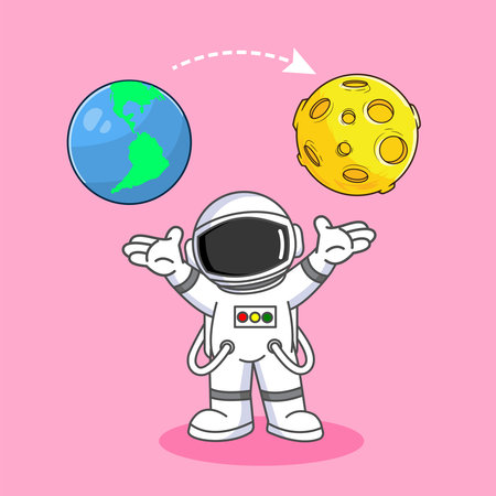 A cute astronaut raising both hands, showing the Earth and the Moon in outer space Vector Illustration Cartoon Designのイラスト素材