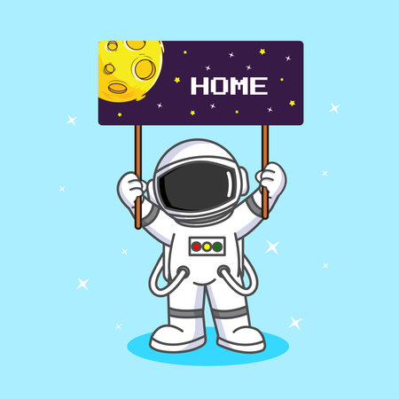 Cute Astronaut Holding Home Sign with Moon Flag Vector Illustration Cartoon Designのイラスト素材
