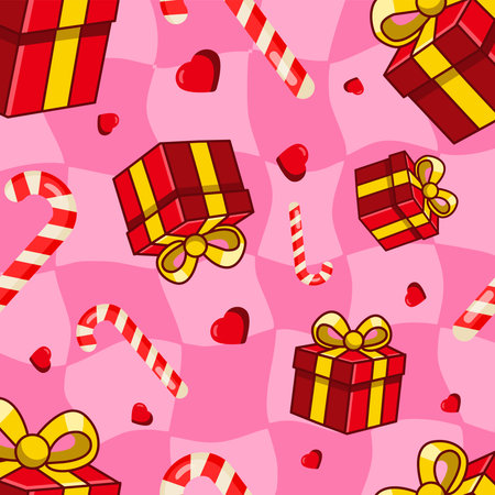 Sweet Holiday Presents and Candy Canes Seamless Background Vector Illustration Cartoon Designのイラスト素材