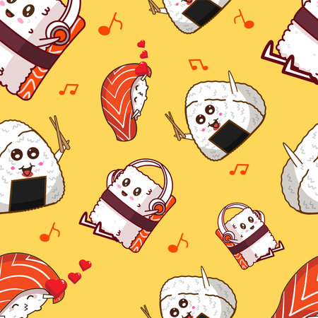 Happy Sushi Friends Grooving to Music Seamless Pattern Vector Illustrationのイラスト素材