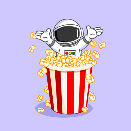 Cute Astronaut Popping Out of a Popcorn Bucket Vector Illustration Cartoon Designのイラスト素材