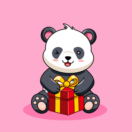 Cute Winking Panda Holding a Gift Box Vector Illustration Cartoon Designのイラスト素材