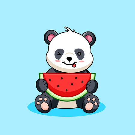 Cute Panda Enjoying a Refreshing Watermelon Slice Vector Illustration Cartoon Designのイラスト素材
