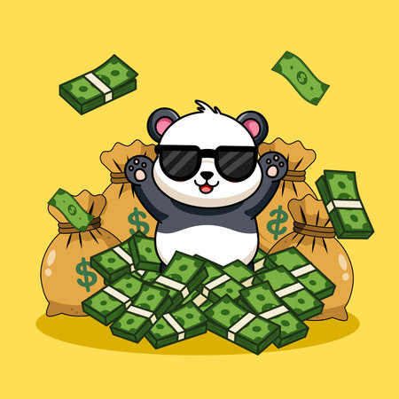 Cool Panda with Sunglasses Surrounded by Money Vector Illustration Cartoon Designのイラスト素材