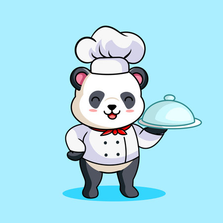 Cute Chef Panda Wearing Costume Master Chef Presenting a Delicious Meal Vector Illustration Cartoonのイラスト素材
