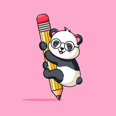 Cute Panda with Glasses Holding a Giant Pencil Vector Illustration Cartoon Designのイラスト素材