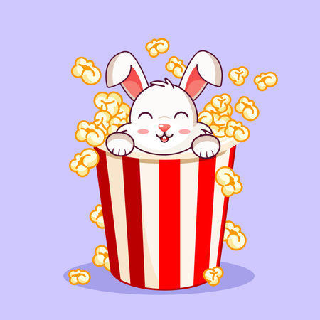 Happy Bunny in Popcorn Bucket Vector Illustration Cartoon Design Kawaiiのイラスト素材