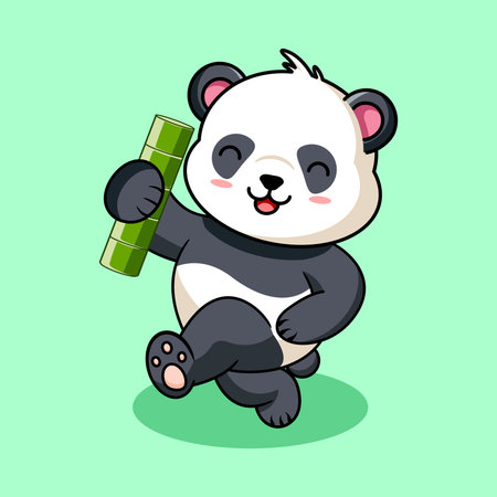 Happy Cartoon Panda Walking with Bamboo Stick Vector Illustrationのイラスト素材